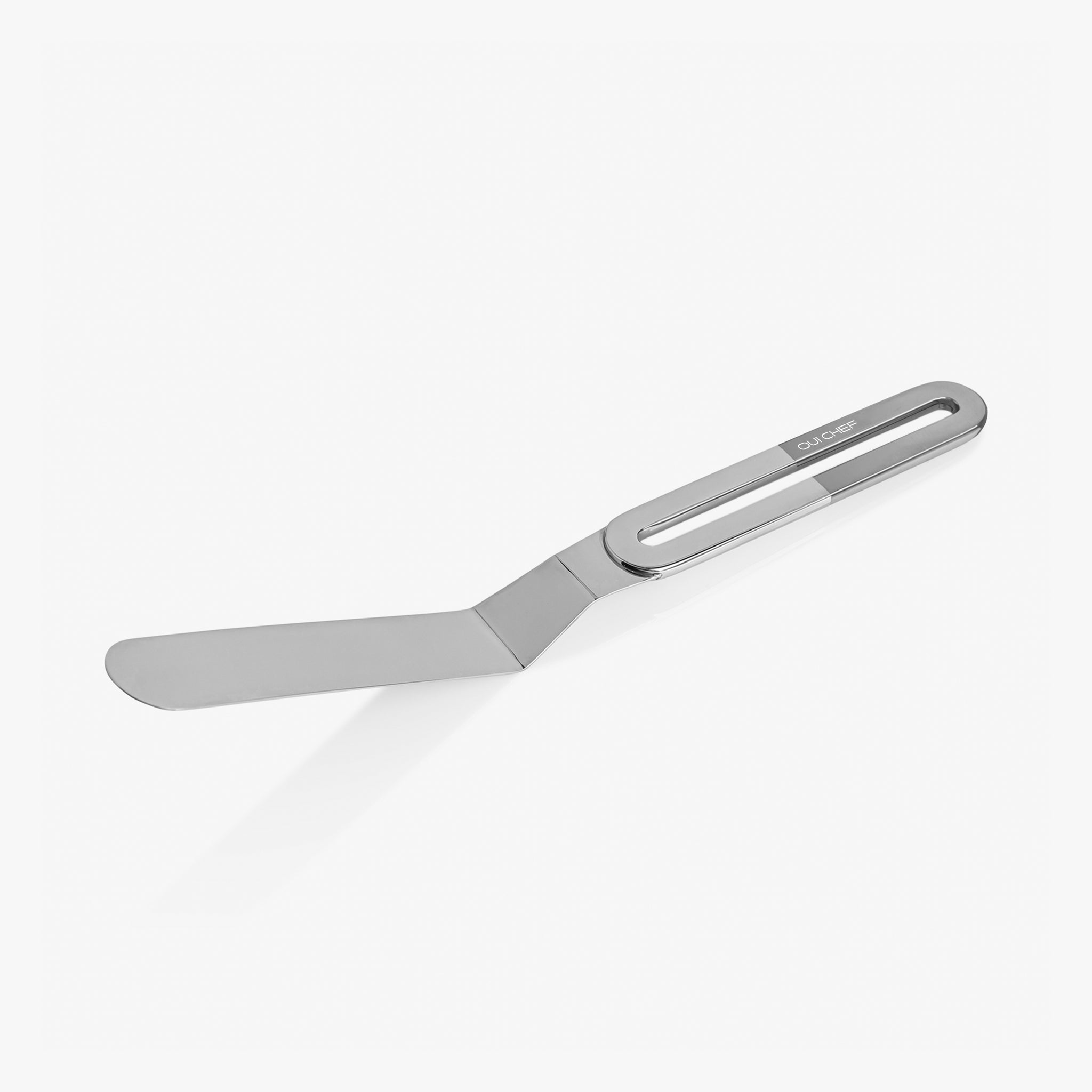 Stainless steel large palette knife with a chrome top handle sitting against a white background.