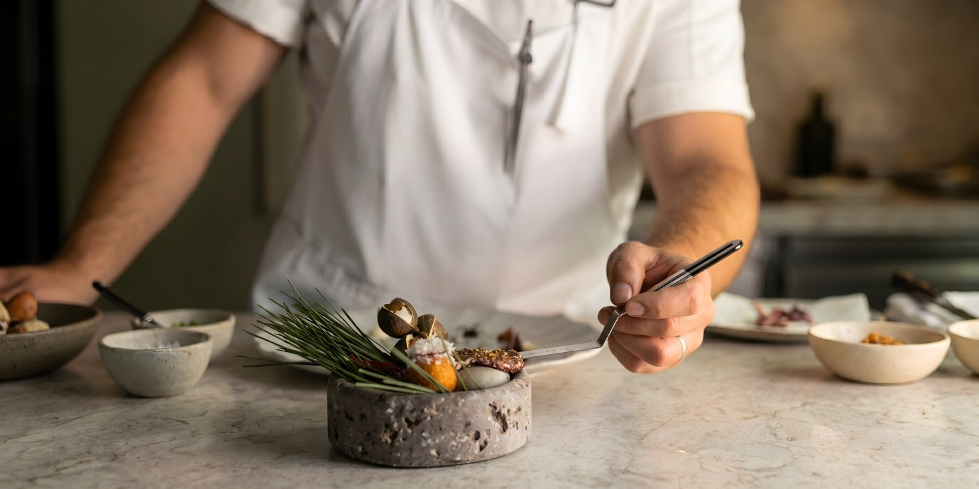 A chef in a white apron using a stainless steel palette knife to precisely plate an ingredient on to a dish, demonstrating professional plating, technique and attention to presentation.