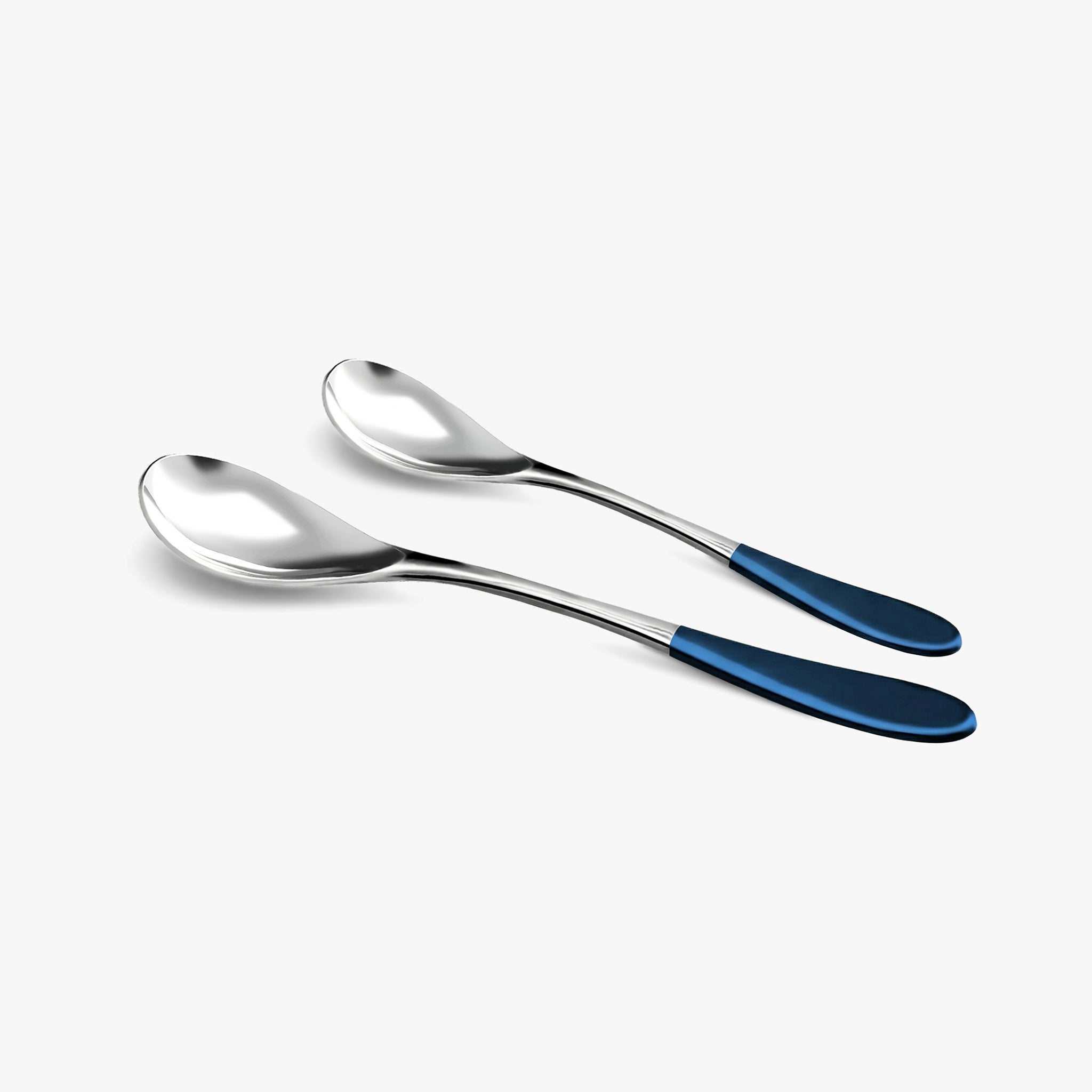 A medium and a small stainless steel rocher spoon, each featuring a metallic blue top handle, set against a clean white background.
