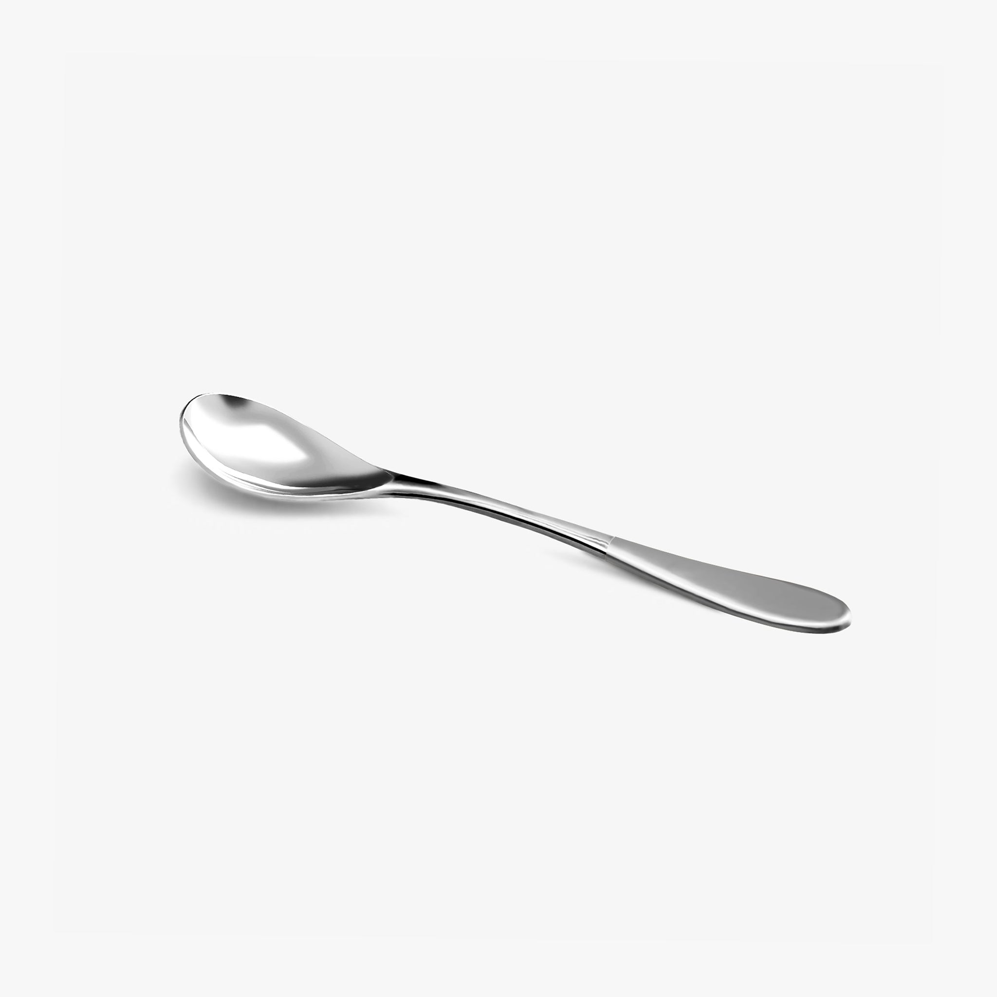 A stainless steel small rocher spoon with a chrome top handle against a white background.