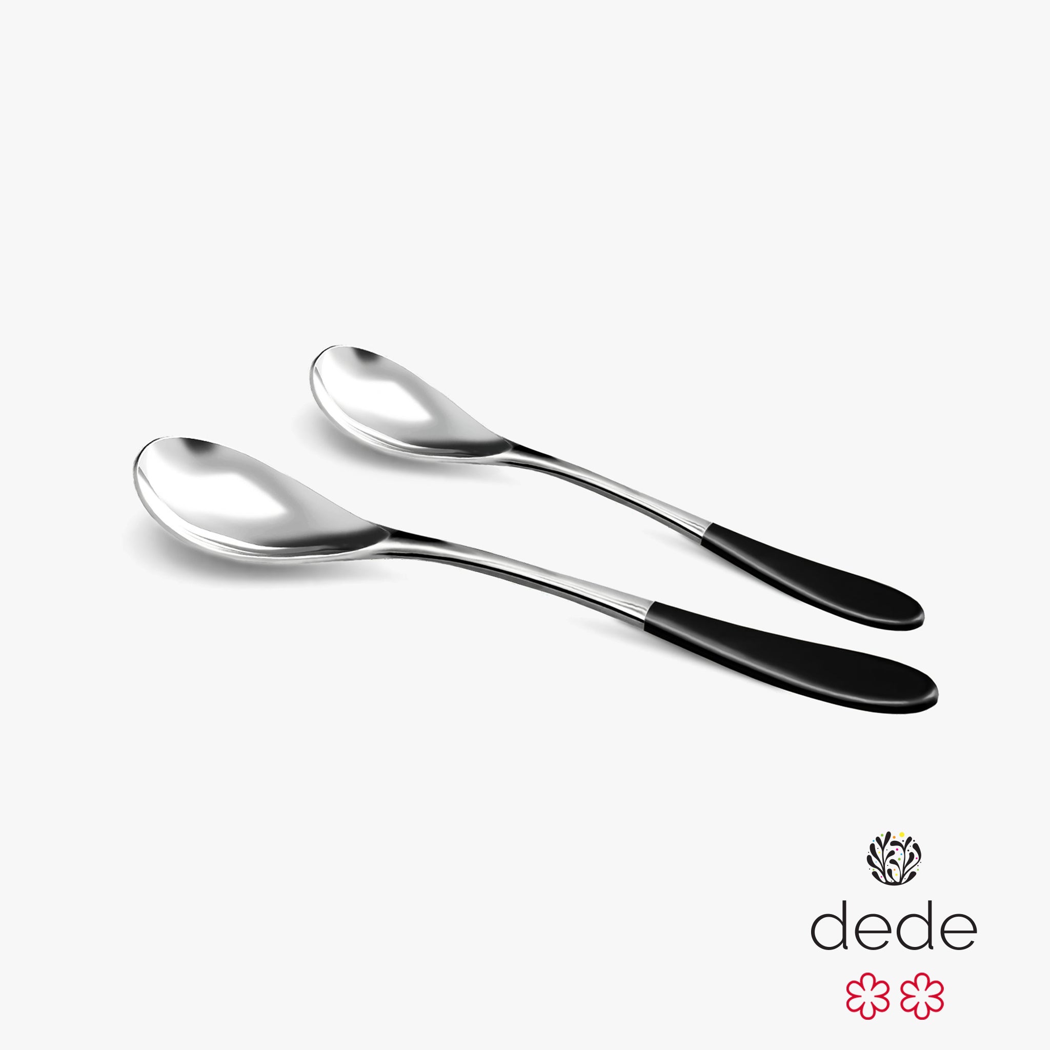 A medium and a small stainless steel rocher spoon, each featuring a glossy black handle, set against a clean white background.