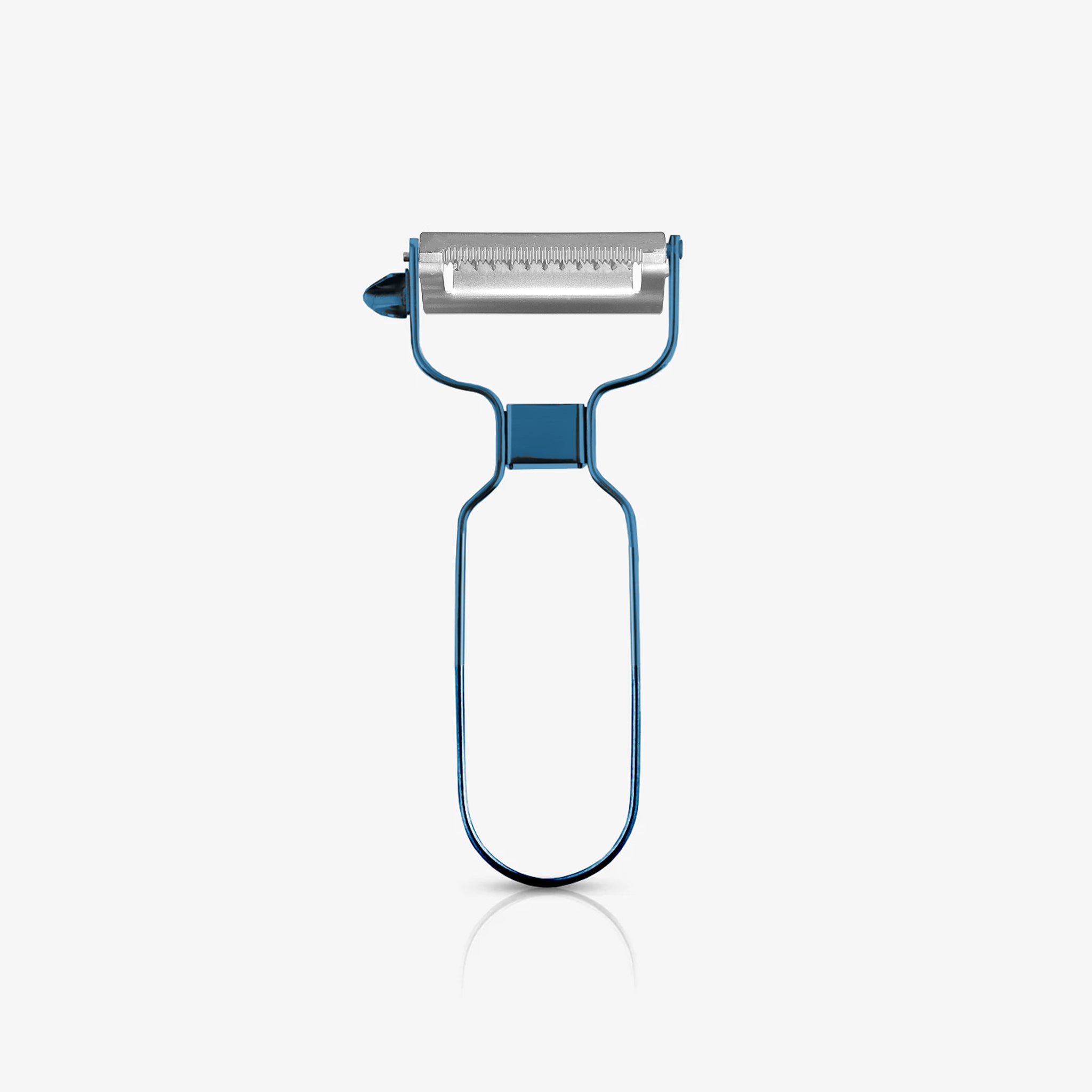 A metallic blue stainless steel julienne peeler standing upright on an off-white background, featuring a sleek metal handle and sharp serrated blade for creating thin vegetable strips.