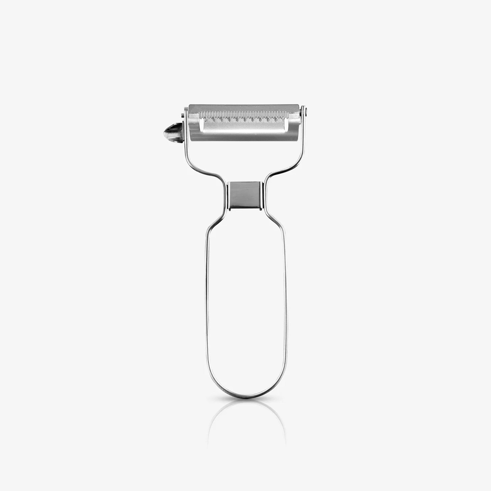 A chrome stainless steel julienne peeler standing upright on an off-white background, featuring a sleek metal handle and sharp serrated blade for creating thin vegetable strips.