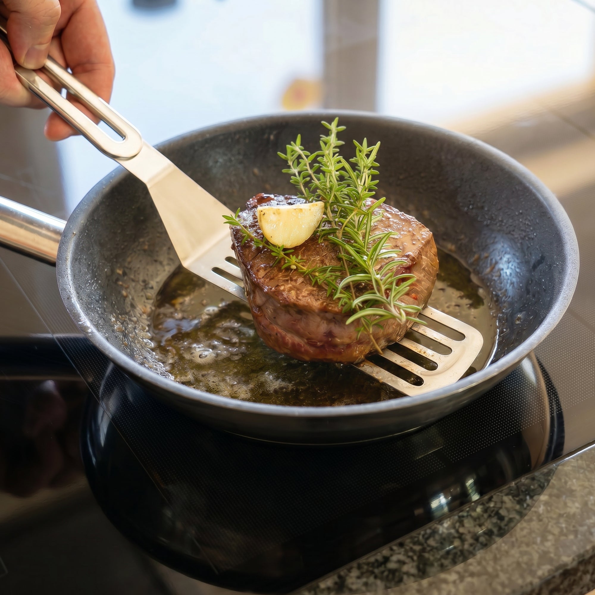 Chef lifting a sizzling steak from a frying pan with a spatula, garnished with lemon and rosemary.