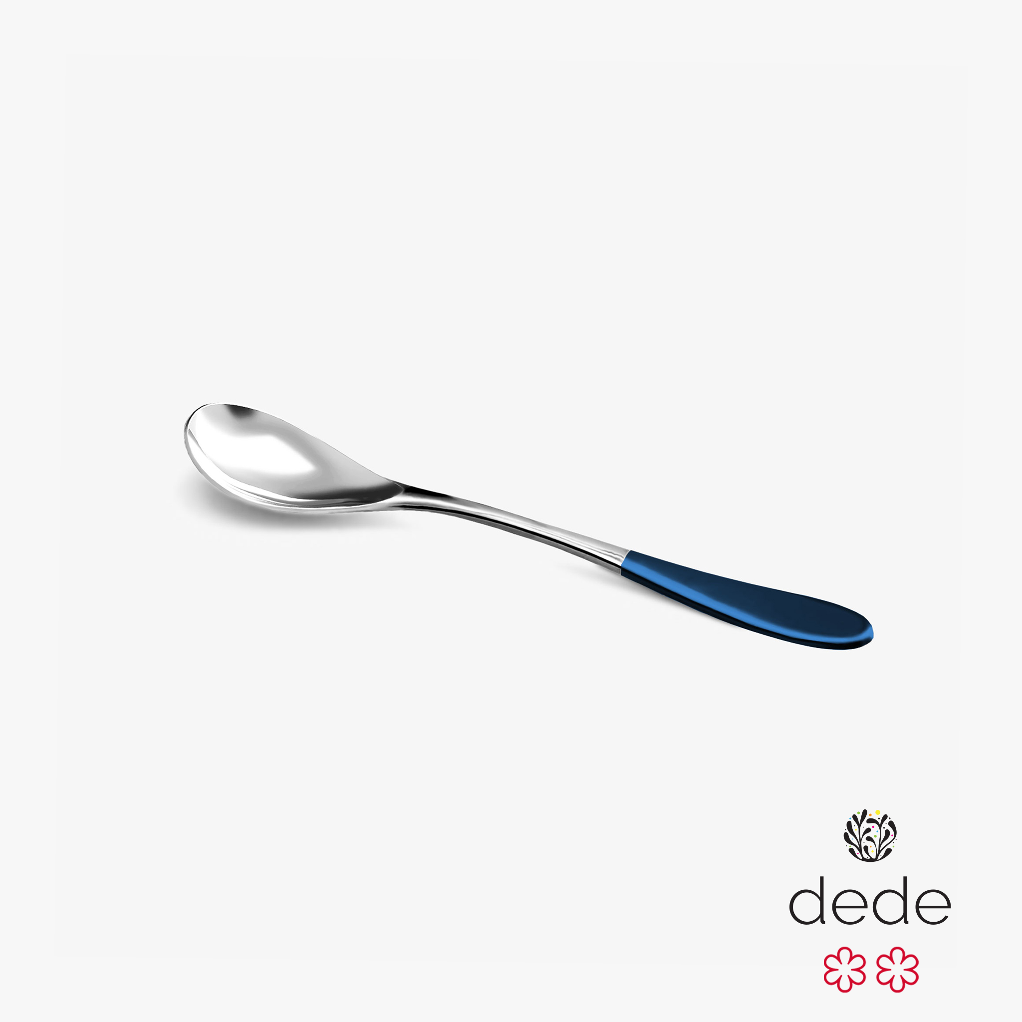 A stainless steel small rocher spoon with a blue top handle against a white background.