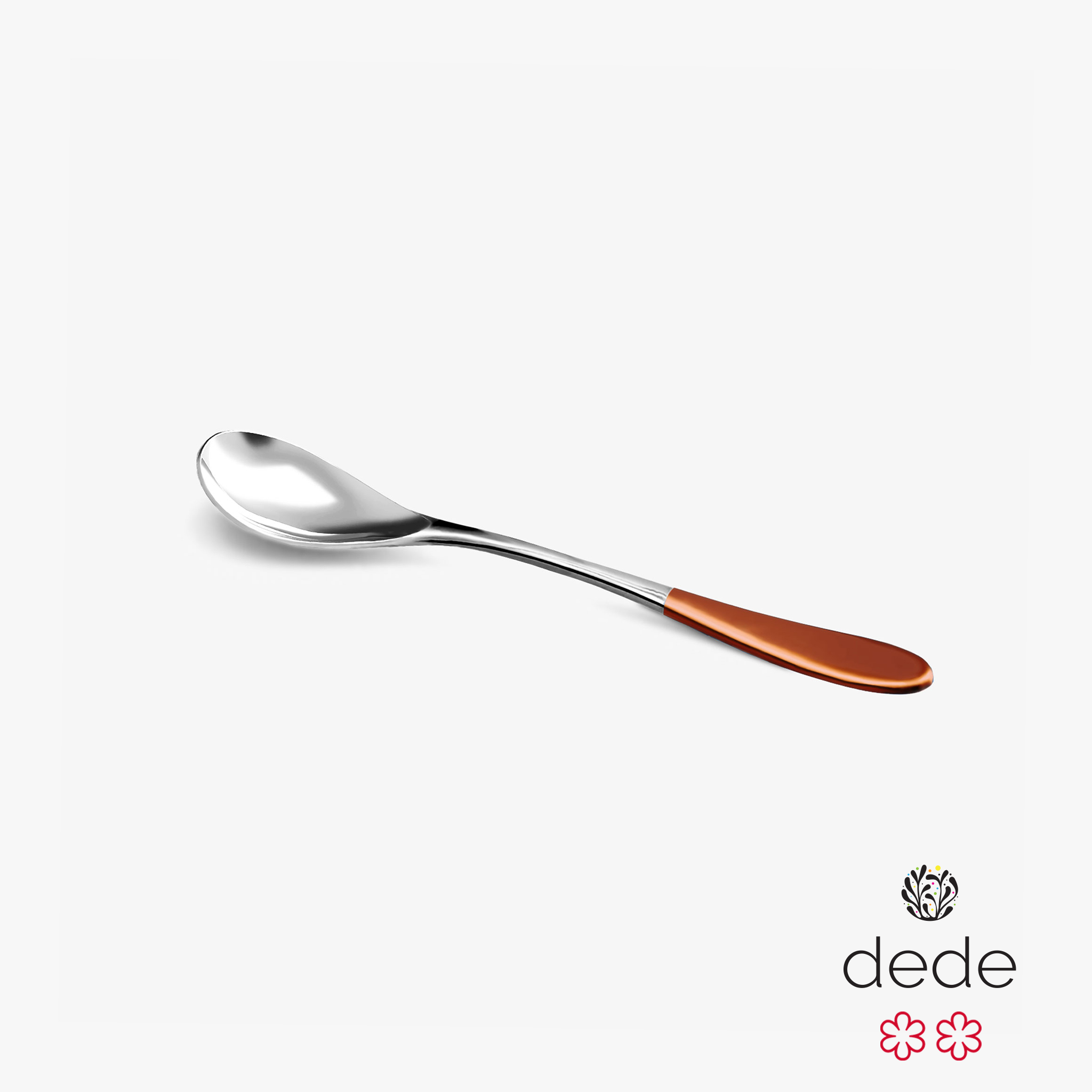 A stainless steel small rocher spoon with a copper top handle against a white background.